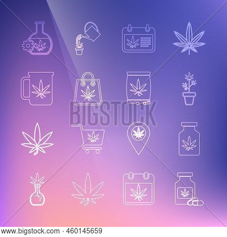 Set Line Medical Bottle With Marijuana, Marijuana Plant In Pot, Calendar And, Shopping Bag Of, Cup T