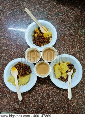 Prashad Containing Tea, Chane, Halwa, Food Provided To Pilgrims At Vaishno Devi In Disposable Plate,