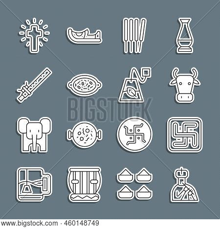Set Line Indian Man Plays Flute, Hindu Swastika, Cow, Aroma Sticks, Incense, Kheer Bowl, Bamboo Indi