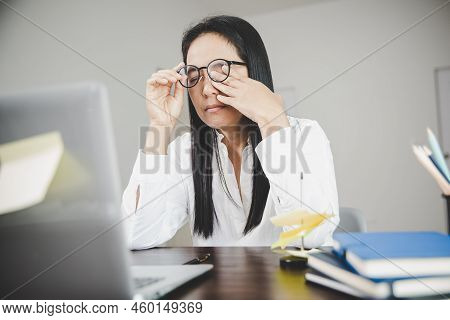 Young Business Woman Person Sleepy And Has Frustration Eye Problems With Cephalalgia Disease From Us