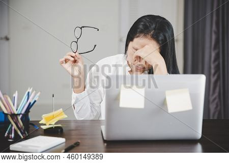 Young Business Woman Person Sleepy And Has Frustration Eye Problems With Cephalalgia Disease From Us