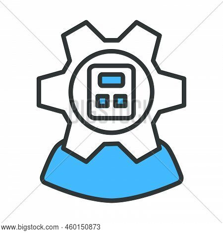 Analyst With Gear Hed And Calculator Inside Icon. Editable Bold Outline With Color Fill Design. Vect