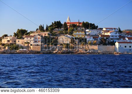 Croatia Primosten Town. Coastal Town Of Primosten In Sunset Light.