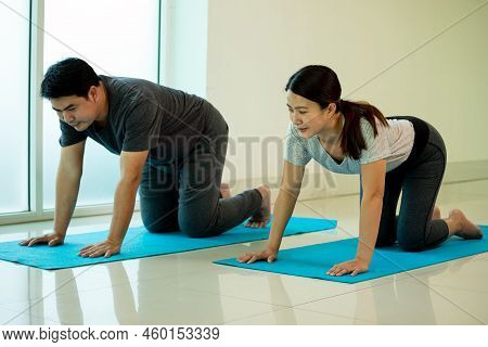 Two Asian Young Couple Adult Practice Yoga Pose Box Or Chakravakasana On Blue Mat In Gym Near Window