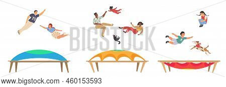 Happy People Jumping Trampoline Vector Scene Set
