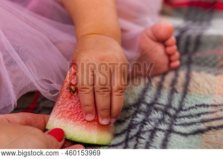 Child Holding A Slice Of Watermelon, Pick Nick
