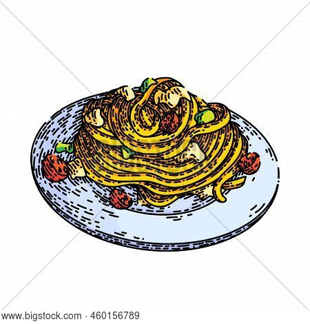 Tagliatelle Pasta Hand Drawn Vector. Italian Sauce, Raw Cooked Nest, Macaroni Food Tagliatelle Pasta