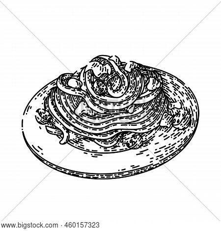 Tagliatelle Pasta Hand Drawn Vector. Italian Sauce, Raw Cooked Nest, Macaroni Food Tagliatelle Pasta