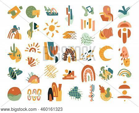 Mexican Color Shapes, Sun And Moon, Floral Elements In Abstract Flat Cartoon Style. Vector Illustrat