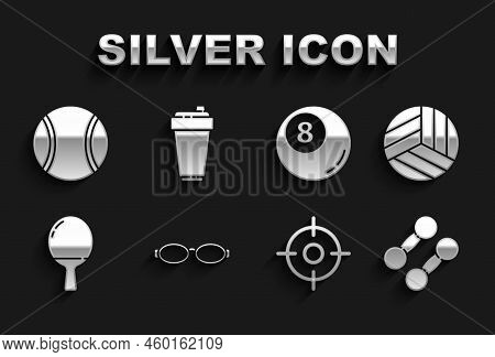 Set Glasses For Swimming, Volleyball Ball, Dumbbell, Target Sport, Racket Playing Table Tennis, Bill