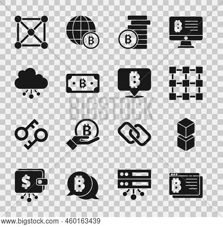 Set Bitcoin In Browser, Blockchain Technology, Cryptocurrency Bitcoin, Cloud Mining, And Icon. Vecto