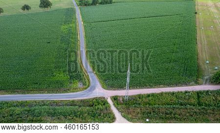 Aerial View Drone Shot Of Fresh Green Field In Spring Near Turnhout By Antwerp, Belgium With Road Be