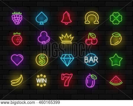 Slot Machine Neon Casino Icon. Fruit Vegas Casino Neon Slot Machine Sign Set