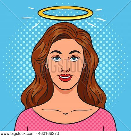 Girl With Halo Over Her Head Pop Art Retro Raster Illustration. Comic Book Style Imitation.