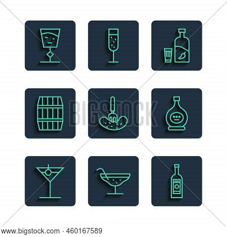 Set Line Martini Glass, Cocktail, Glass Bottle Of Vodka, Vodka With Pepper And, Pickled Cucumber On 