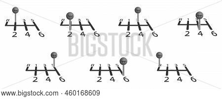 Mechanic Car Gearbox In Outline Style Isolated On White Background. Speed Shifter Isolated Icon On W