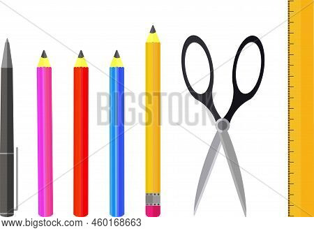 Vector Realistic Stationery Icon Set. School And Office Supplies. Colored Pencils, Eraser, Measuring