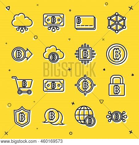 Set Line Bitcoin In Circuit, Lock With Bitcoin, Credit Card, Cryptocurrency Cloud Mining, And Cpu Fa