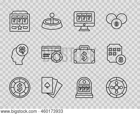 Set Line Casino Chips, Roulette Wheel, Online Slot Machine With Jackpot, Deck Of Playing Cards, Slot