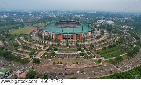Aerial View Of The Beautiful Scenery Of Pakansari Stadium. With Bogor Cityscape Background. Bogor, I