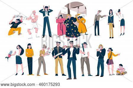 Aggressive People Flat Set Of Male And Female Characters Using Verbal And Physical Forms Of Psycholo