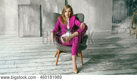 Young Businesswoman. Beautiful Woman Director, Head, General Manager, Ceo In Astylish Bright Busines