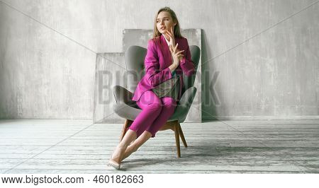 Young Businesswoman. Beautiful Woman Director, Head, General Manager, Ceo In Astylish Bright Busines