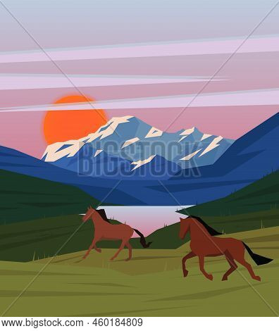 Colorful Sunrise Nature Scenery Template With Horses Running On Meadow On Lake And Mountain Landscap