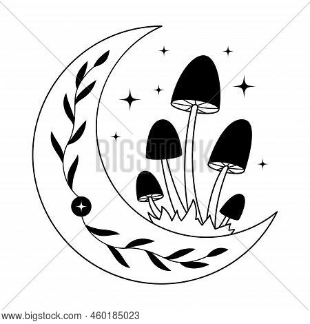 Mystical Mushrooms And Crescent Moon Clipart. Magic Line Celestial Mushrooms. Boho Witchy Doodle Des