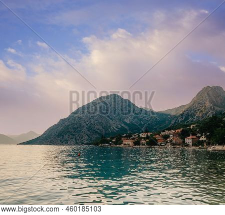 Sunset, Beautiful Landscape With Silhouettes Of Trees. Travel Concept. Montenegro, Kotor Bay. Sunset