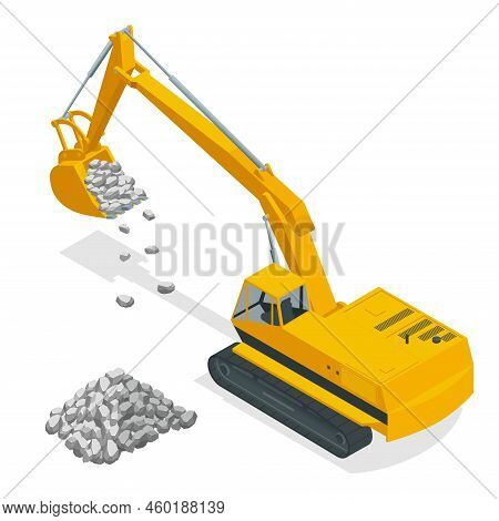 Excavator With Bucket Lift Up Are Digging. Isometric Yellow Excavator