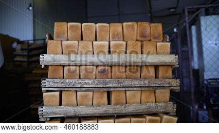 Racks With Fresh Bread In A Warehouse In An Industrial Bakery. Finished Products Before Being Sent F