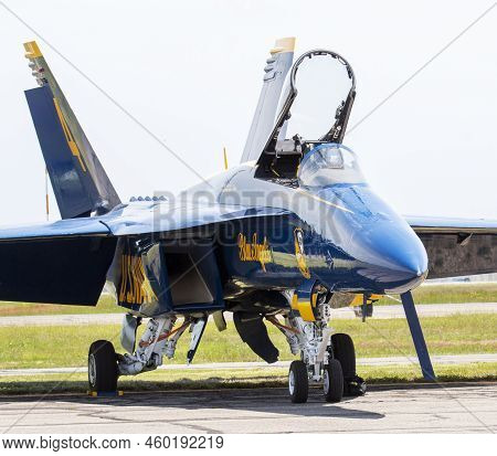 Farmingdale, New York, Usa - 26 May 2022: Looking At One Us Navy Blue Angels Jet With Its Cockpit Op