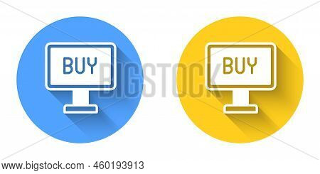 White Buy Button Icon Isolated With Long Shadow Background. Circle Button. Vector