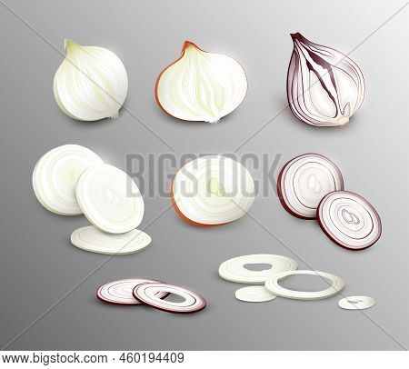 Realistic Fresh Onion Collection With Whole Vegetables Slices And Rings Of Different Types Isolated 