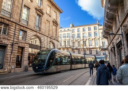 Bordeaux, France - February 19, 2022: Tram, Built By Alstom, Passing By The City Center. Operated By