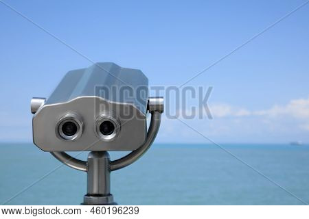 Metal Tower Viewer Installed Near Sea, Space For Text. Mounted Binoculars