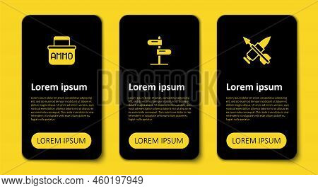 Set Crossed Bullet With Arrow, Road Traffic Sign And Ammunition Box. Business Infographic Template. 