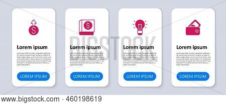 Set Wallet With Money, Light Bulb, Financial Book And Growth Dollar. Business Infographic Template. 