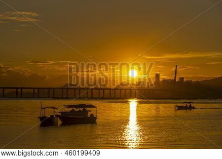 Sunset At Lau Fau Shan, Yuen Long, New Territories, Hong Kong With Background Of Skyline Of Shenzhen