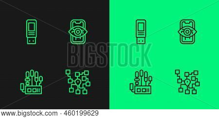 Set Line Neural Network, Mechanical Robot Hand, Usb Flash Drive And Computer Vision Icon. Vector