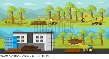 Industrial Wood Production Horizontal Banners With Timber Loader Harvester Tractor And Trees Cutting