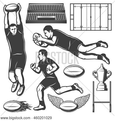 Vintage Rugby Sport Elements Set With Scoring Jumping Running Players Cup Flaming Ball Wings Field S