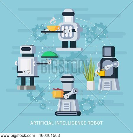 Artificial Intelligence Robot Concept With Cyborgs Acting Watering Cooking And Waiter Functions Vect