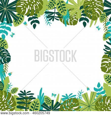 Safari Frame. Green Jungle Floral Frame. Tropical Leaves, Palm Leaves, Frame Nature Background. Gree