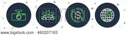 Set Line Project Team Base, Return Of Investment, Car Dvr And Globe With Flying Plane Icon. Vector