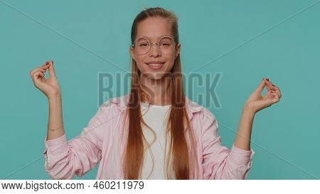 Keep Calm Down, Relax, Inner Balance. Teenager Young Girl Breathes Deeply With Mudra Gesture, Eyes C