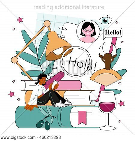 Spanish Language Concept. Language School Spanish Listening, Reading