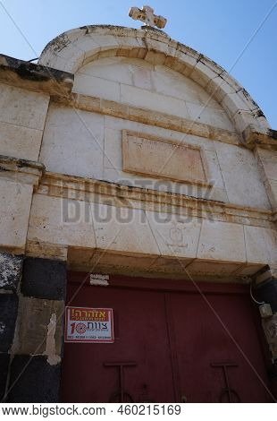 Tiberias, Israel  - May 26, 2022 : Beautiful Historical Building Made Of Basalt, Old Abandoned Churc