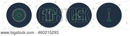 Set Line Body Armor, Bale Of Hay And Rake, Old Wooden Wheel And Torch Flame Icon. Vector